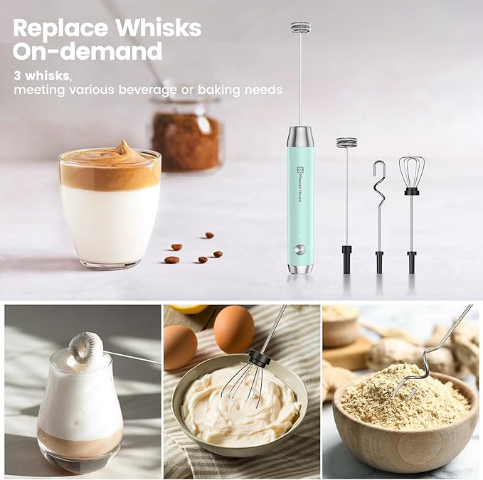Maestri House Rechargeable Milk Frother with 3 Heads, LunaFro AS Handheld Electric Foam Maker Waterproof Detachable Stainless Steel Whisk Drink Mixer Foamer with Stand for Lattes, Cappuccino, Egg