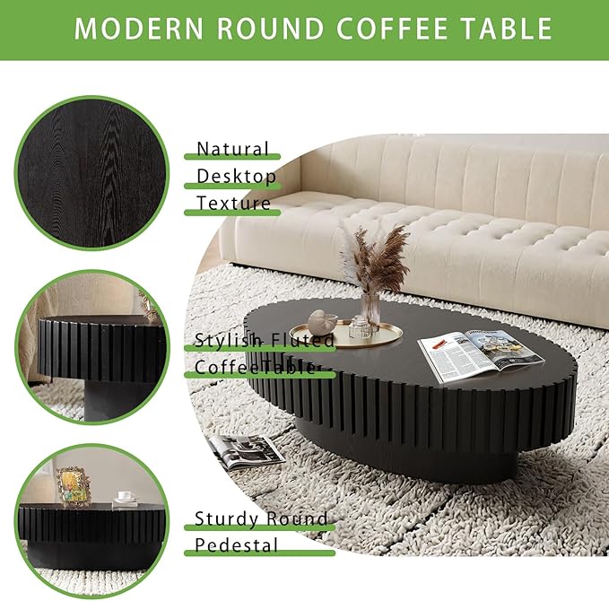 Handmade Oval Grooved Drum-Shaped Coffee Table、Rustic Modern Circular Centerpiece for Living Room & Farmhouse Decor、Easy to Clean (C Black 43in)