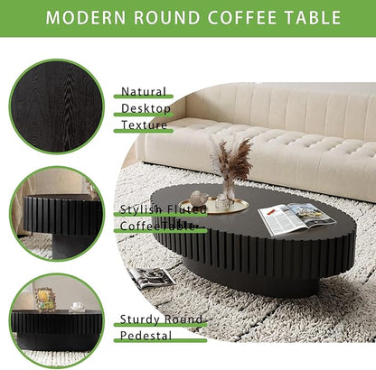 Handmade Oval Grooved Drum-Shaped Coffee Table、Rustic Modern Circular Centerpiece for Living Room & Farmhouse Decor、Easy to Clean (C Black 43in)