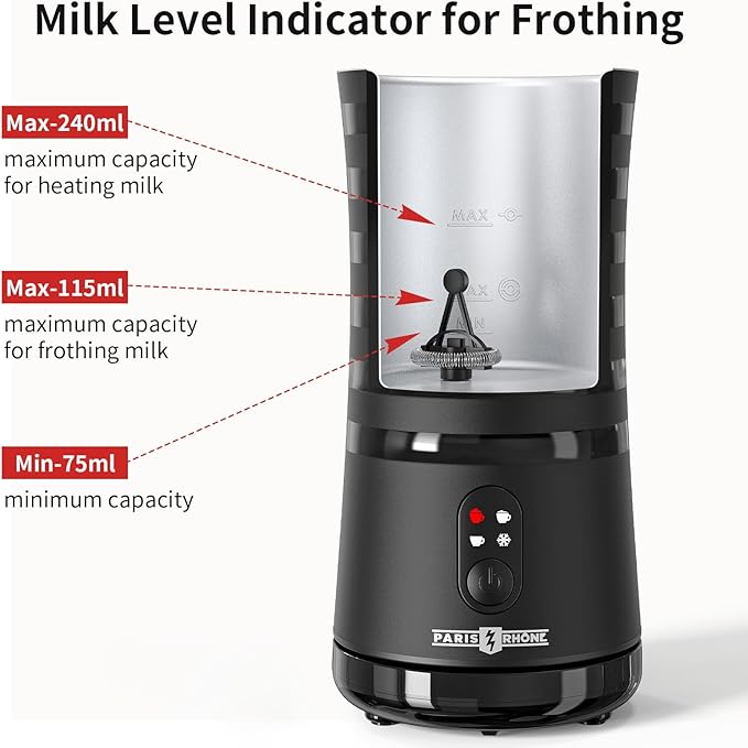 Paris Rhône Milk Frother, 4-in-1 Milk Steamer and Frother, Hot & Cold Foam Milk Warmer with Temperature Control, Auto Shut-Off Frothers for Coffee, Latte, Cappuccino, Macchiato
