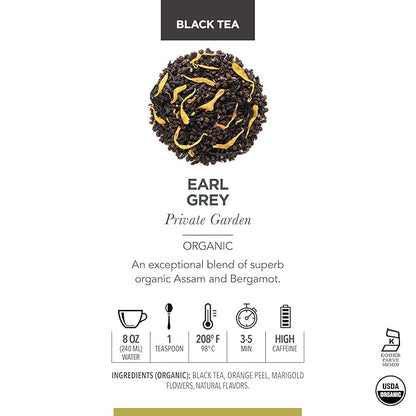Teabloom Organic Black Tea, Earl Grey Private Garden Loose Leaf Tea, Classic Assam Whole Leaf Blend, USDA Certified Organic, Kosher Certified, 3.53 Ounce Loose Leaf Tea Canister Makes 35-50 Cups