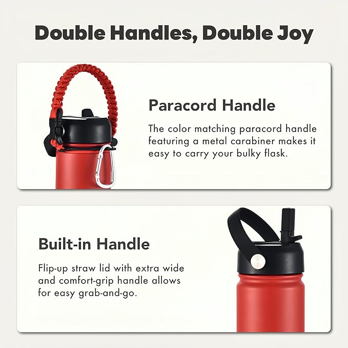 mininoo Insulated Stainless Steel Water Bottle with Straw and Lid for Sports, 24 oz, Red