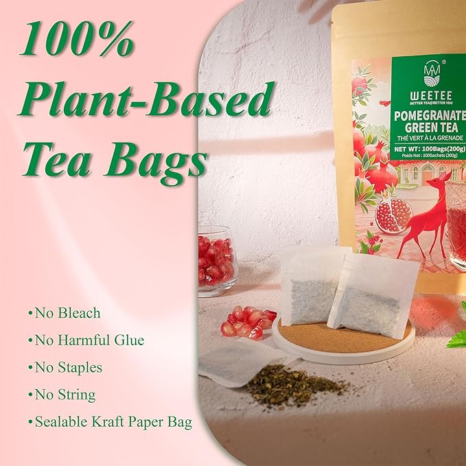 WT WEETEE Pomegranate Green Tea Bags 100 Count, Made of Sencha Green Tea with Pomegranate Flavor, Hibiscus & More, Caffeinated Tea