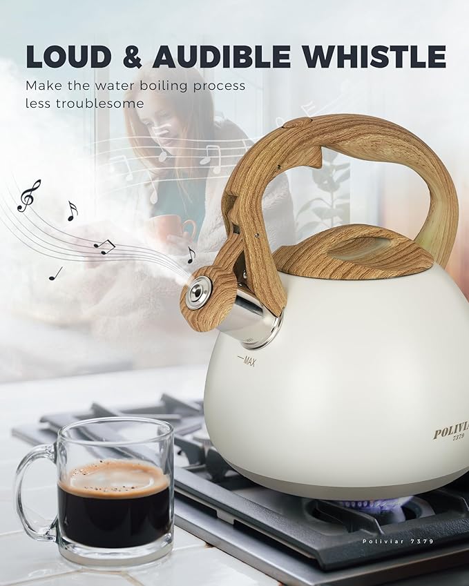 POLIVIAR Tea Kettle, 2.7 Quart White Finish with Wood Pattern Handle Loud Whistle Food Grade Stainless Steel Teapot, Anti-Hot Handle and Anti-Rust, Suitable for All Heat Sources JX2025-BW30
