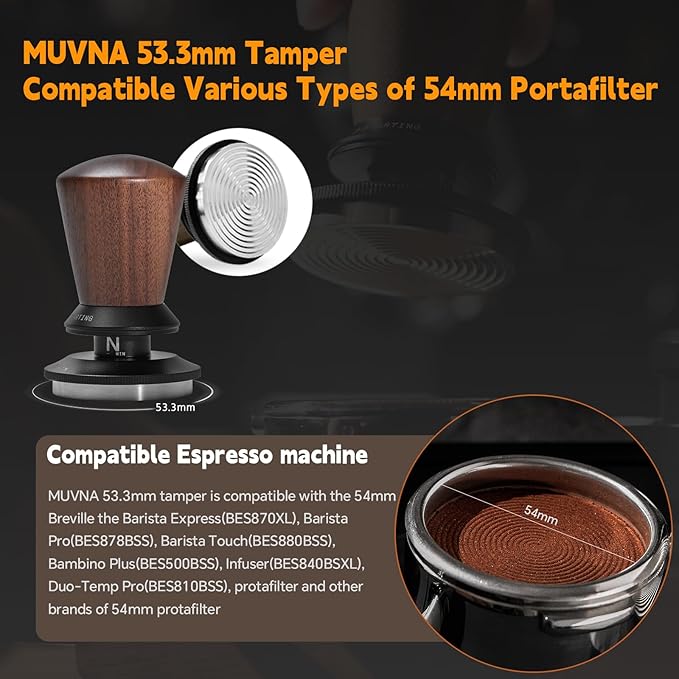 53.3mm Espresso Tamper, Spring Loaded Coffee Tamper with Ripple Base, Self-Leveling Barista Tool, Walnut Handle, Fits Breville Machine 54 mm Portafilter Baskets, Home Barista Accessories