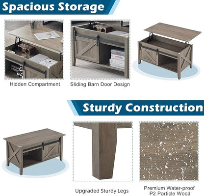 VINGLI Rustic Grey Lift Top Coffee Table, 36" Small Farmhouse Barn Door Coffee Table with Storage, Rectangular Center Coffe Table with Lifting Top, Lift Up Living Room Tables with Hidden Compartment