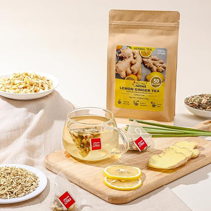 FullChea - Lemon Ginger Tea Bags, 50 Teabags - Pleasantly Spicy & Warming - Non-GMO - Caffeine-free - Support Healthy Digestion & Boost Immunity