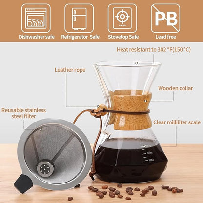 Pour Over Coffee Maker 20 OZ, 6 Cup Borosilicate Glass Drip Coffee Maker with Reusable Stainless Steel Filter and Cork Grip for Home Café 600 ML (Diamond Shape)