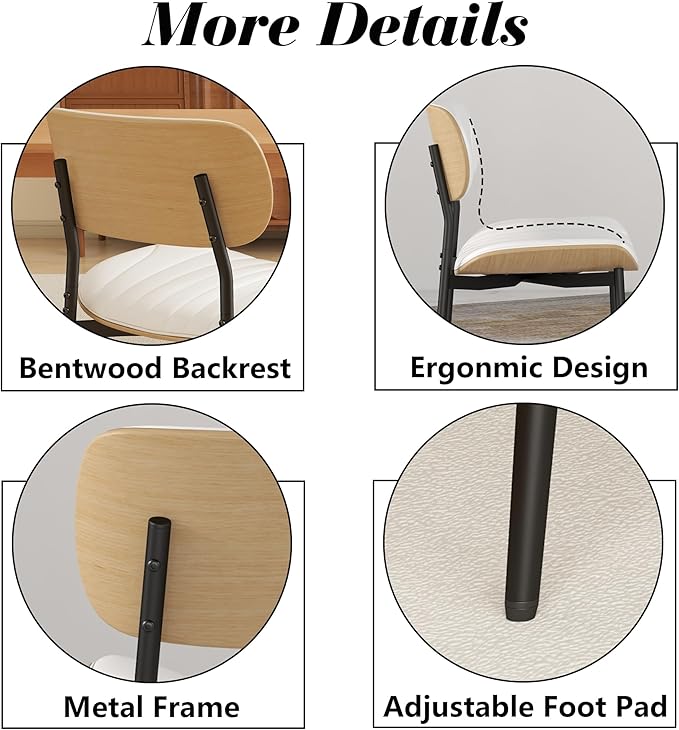 Modern PU Leather Dining Room Chairs Set of 6, Upholstered Kitchen Chairs with Curved Wood Backrest and Metal Legs Adjustable Feet for Kitchen Dining Room(White)