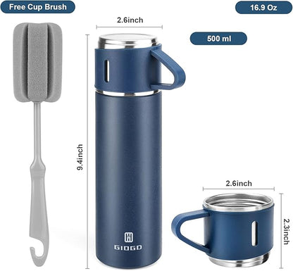 Stainless Steel Thermo 500ml/16.9oz Vacuum Insulated Bottle with Cup for Coffee Hot drink and Cold drink water flask.(Blue,Set)