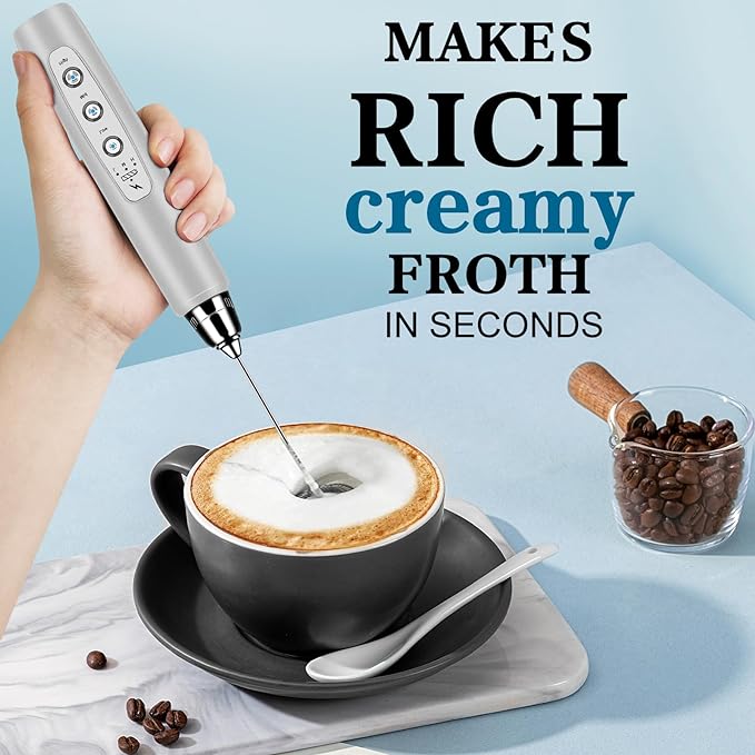 Milk Frother Handheld for Coffee, Electric Whisk 3 Speed Adjustable, Drink Mixer with Stainless 3 Whisks, Rechargeable Hand Frother Wand, Foam Maker for Latte Cappuccino Matcha Egg Silver