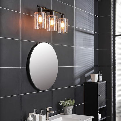 Globe Electric 51851 Bristol 5-Piece All-in-One Bathroom Set, Matte Black, 3-Light Vanity Light with Seeded Glass Shades, Towel Bar, Towel Ring, Robe Hook, Toilet Paper Holder