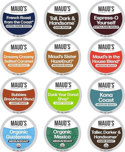 Maud's Family Pack Coffee Pods Variety Pack, 136 ct, 12 Assorted Flavors, Medium Roast Recyclable Single Serve Pods – 100% Arabica Coffee, Compatible with Keurig K Cups Maker