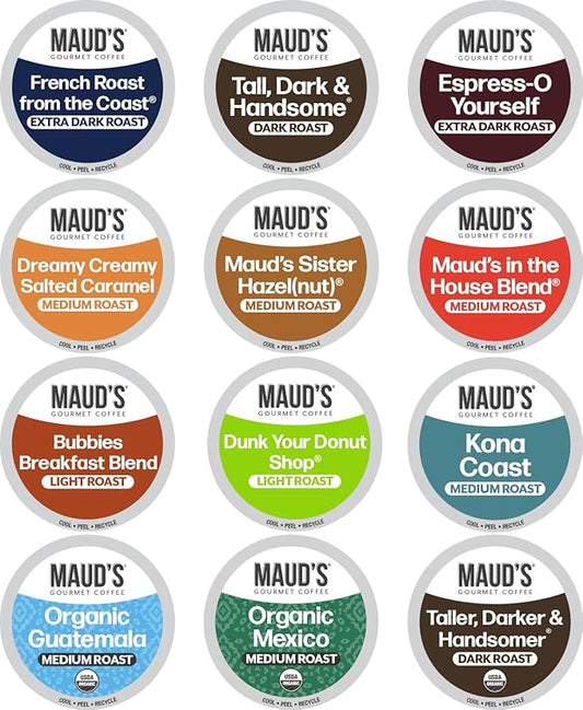 Maud's Family Pack Coffee Pods Variety Pack, 136 ct, 12 Assorted Flavors, Medium Roast Recyclable Single Serve Pods – 100% Arabica Coffee, Compatible with Keurig K Cups Maker