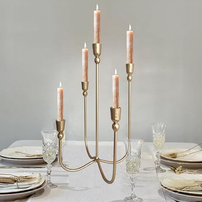 Iron Tabletop Candelabra - Decorative Metal Candelabra Candle Holder, 5 French Dinner Candles (Dinner 5 Candles)