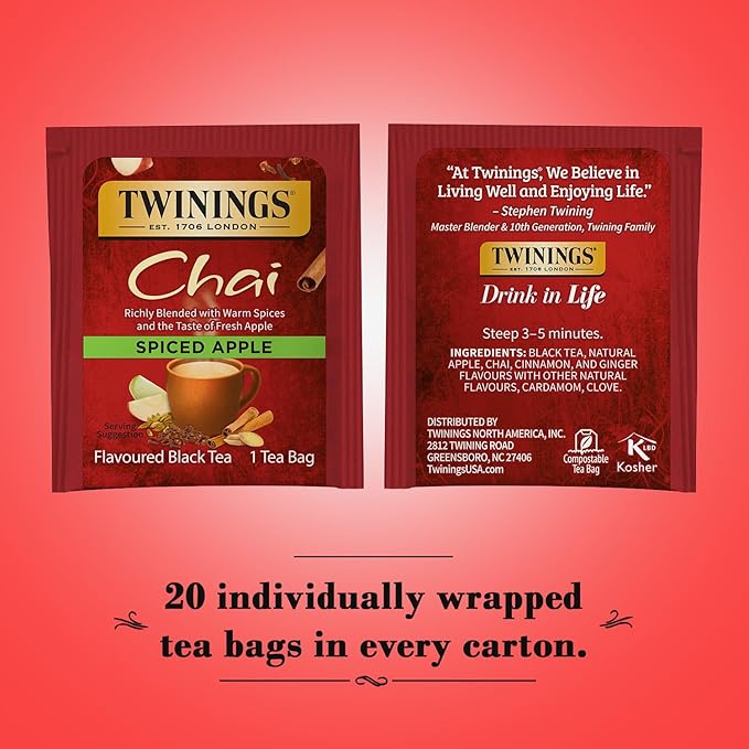 Twinings Spiced Apple Chai Black Tea Individually Wrapped Bags, 20 Count (Pack of 1), Sweet, Savoury Spices, Caffeinated, Enjoy Hot or Iced, 20 Teabags