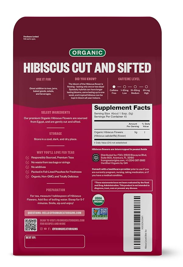 FGO Organic Hibiscus Flowers, Cut and Sifted, Loose Tea, 8oz Resealable Bag, Packaging May Vary (Pack of 1)
