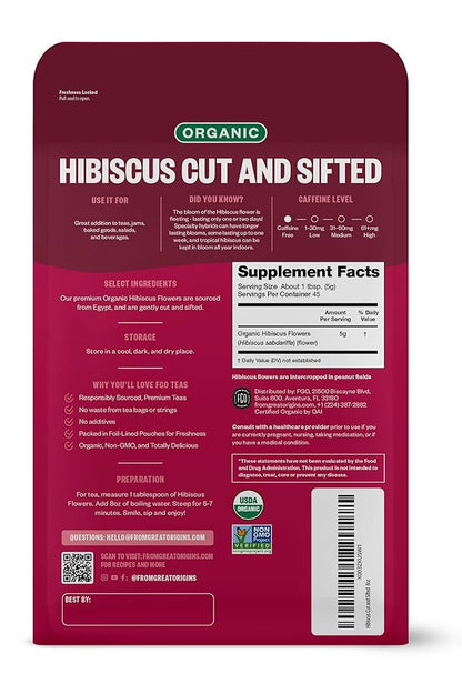 FGO Organic Hibiscus Flowers, Cut and Sifted, Loose Tea, 8oz Resealable Bag, Packaging May Vary (Pack of 1)
