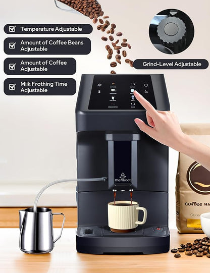 Automatic Coffee Machine Bean to Cup Espresso Maker with Self-Cleaning & Auto Shut-Off Adjustable Temperature/Cup Size for Latte/Cappuccino/Americano/Ground Coffee DIY for Home/Office/Coffee Lovers