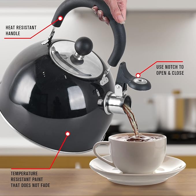 Emeril Lagasse 2.6 Quart/2.5 Liter Whistling Tea Kettle, Stainless Steel Tea Pot for Induction Stove Top, Fast to Boil Water for Home Kitchen Condo, with Ergonomic Cool Folding Grip Handle, Black