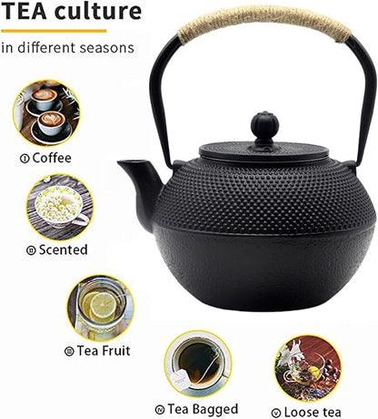 YJX Cast Iron Tea Pot Set, Japanese Tetsubin, 40.6oz Tea Kettle for Stovetop, Black Teapot with Stainless Steel Infuser for Loose Leaf Tea, 1200ml Small Asian Tea Set with Teacups