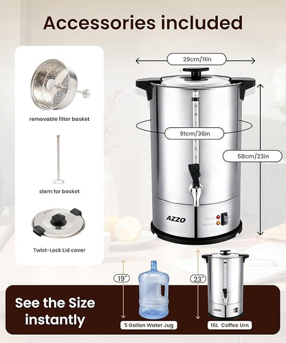 Commercial Coffee Maker 110-Cup Large Percolator Coffee Pot Electric Dispenser, Double Wall Stainless Steel Hot Water Urn for Quick Brew with No-Drip, 16L Cup Scale for Catering Events