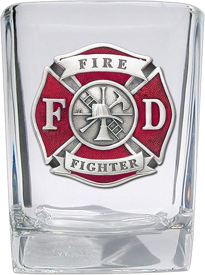 Heritage Pewter Firefighter Square Shot Glass | Hand-Sculpted 1.5 Ounce Shot Glass | Intricately Crafted Metal Pewter Alma Mater Inlay