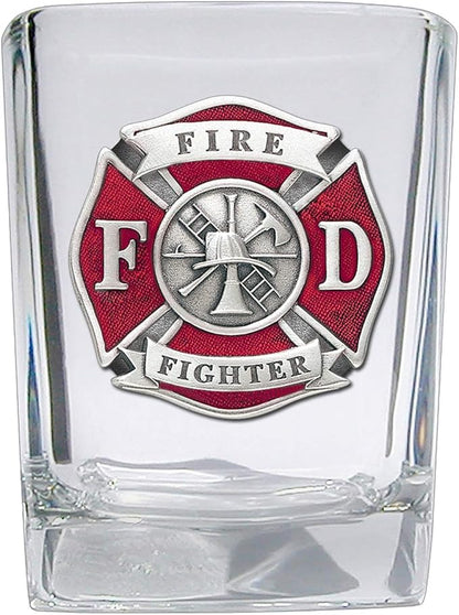 Heritage Pewter Firefighter Square Shot Glass | Hand-Sculpted 1.5 Ounce Shot Glass | Intricately Crafted Metal Pewter Alma Mater Inlay