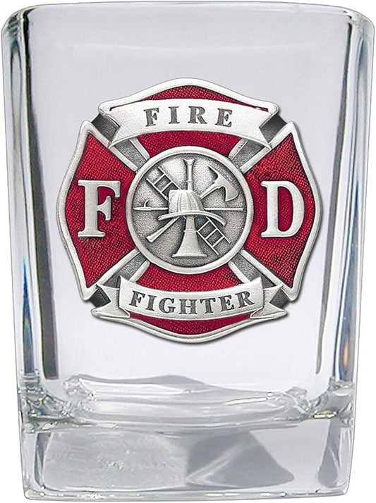 Heritage Pewter Firefighter Square Shot Glass | Hand-Sculpted 1.5 Ounce Shot Glass | Intricately Crafted Metal Pewter Alma Mater Inlay