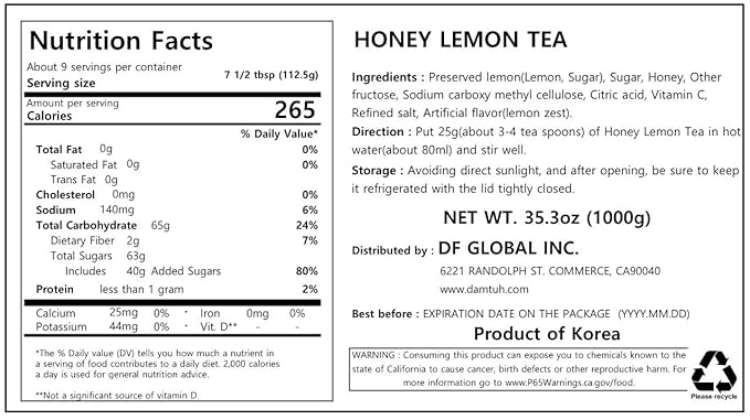 Damtuh Honey Lemon Tea 2.2lb (35.3 fl oz) – Traditional Korean Preserved Lemon with Honey, Refreshing Citrus Herbal Tea, Lemon Marmalade Preserve