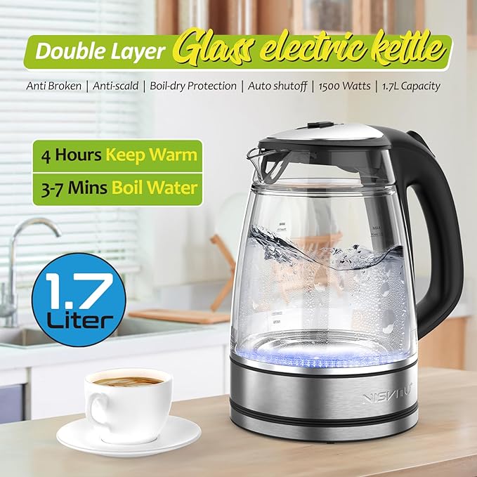 Glass & Stainless Steel Cordless Electric kettle for boiling water, Hot water boiler Electric Tea Kettle automatic shut off Boil-Dry Protection, PC Outer + Glass Inner, 1500W, 1.7L, BK