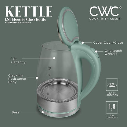 COOK WITH COLOR Electric Kettle - Rapid Boil, Sleek Design, and Safety Features - Great for Quick and Easy, Sage, 1.8 Liters