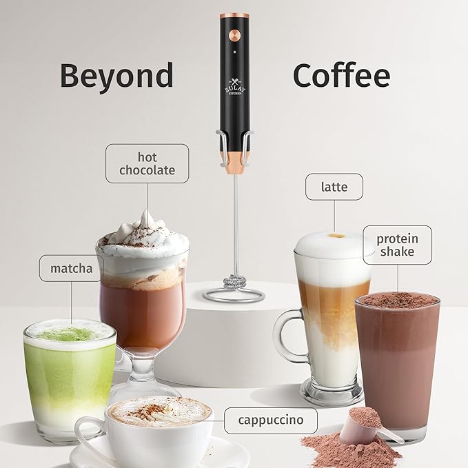 Zulay Kitchen Lux Rechargeable Milk Frother Handheld - Powerful 2-Speed Motor, Fully Waterproof, 2000mAh Battery - Drink Mixer For Latte, Cappuccino, Matcha, Protein Powder - Black Copper