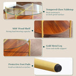 Load image into Gallery viewer, Round Glass and Wood Coffee Tables for Living Room, Mid Century Center Table with Clear Glass Top, Solid Brown Storage Shelf and Sturable Gold Legs for Small Space, Office, Department
