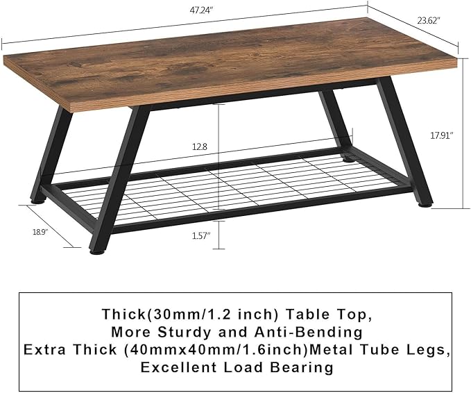 Tohomeor 2-Tier Industrial Coffee Table Mnimalist Vintage Farmhouse Wooden and Metal Living Room Coffee Table with Storage Shelf Accent Furniture (Rustic Brown)