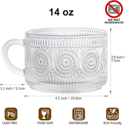 Vintage Coffee Tea Cups, Glass Mugs 14 Oz Set of 2 Embossed Glassware with Handle, for Cappuccino, Latte, Cereal, Yogurt, Beverage Hot/Cold, Milk