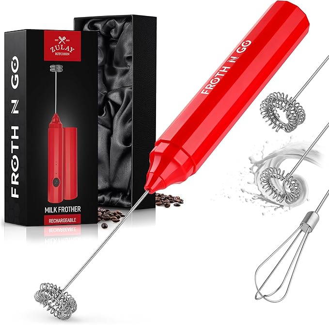 Zulay Froth N Go Milk Frother Rechargeable - 3-in-1 Frother Wand With Case & USB-C Charger - Comes With 3 Whisk Attachments for Latte, Cappuccino, Matcha, Protein Shakes - Red