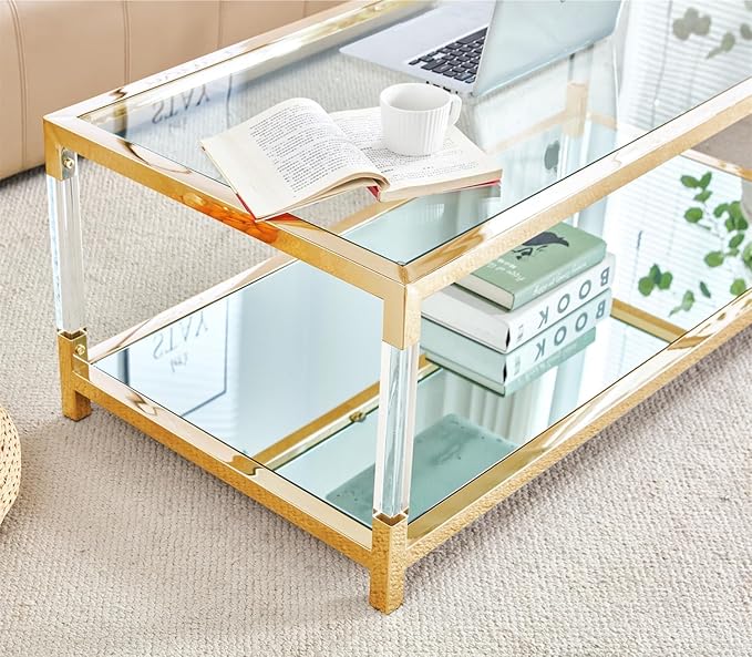 47 inch Glass Coffee Table with Gold Chrome Metal Base, 2-Tier Rectangle Clear Glass Center Table Tea Tables, Modern Coffee Table Living Room Table Cocktail Table, 47" Acrylic Center Tables