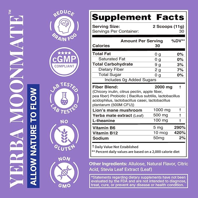 Yerba Mate Instant Tea Powder, 4-in-1 Functional Yerba Extract with Prebiotics & Probiotics, Low Sugar Clean Energy Drink for Focus, Gut Health & Reduce Brain Fog, Peach Mango - 30 Servings