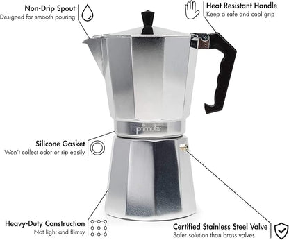 Primula Classic Stovetop Espresso and Coffee Maker, Moka Pot for Italian and Cuban Café Brewing, Greca Coffee Maker, Cafeteras, 9 Espresso Cups, Silver