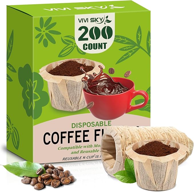VIVI SKY Disposable K Cup Coffee Filters,200 Count Coffee Filter Paper Filters for Keurg Brewers Single Serve 1.0 and 2.0, Use with Reusable K Cup Coffee Pods (200, Unbleached)