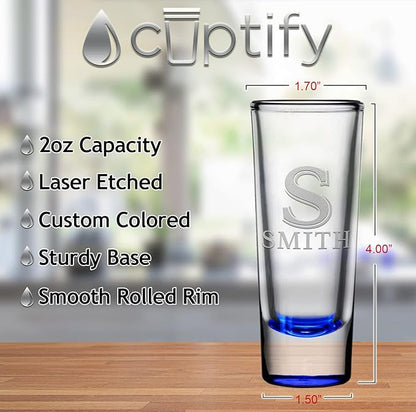 Personalized Shot Glasses Set of 8 Blue Bottom Custom 2 oz Cordial Shot Glass Initial and Name for Gifts, Weddings, Birthdays, Party, Event, Decorations