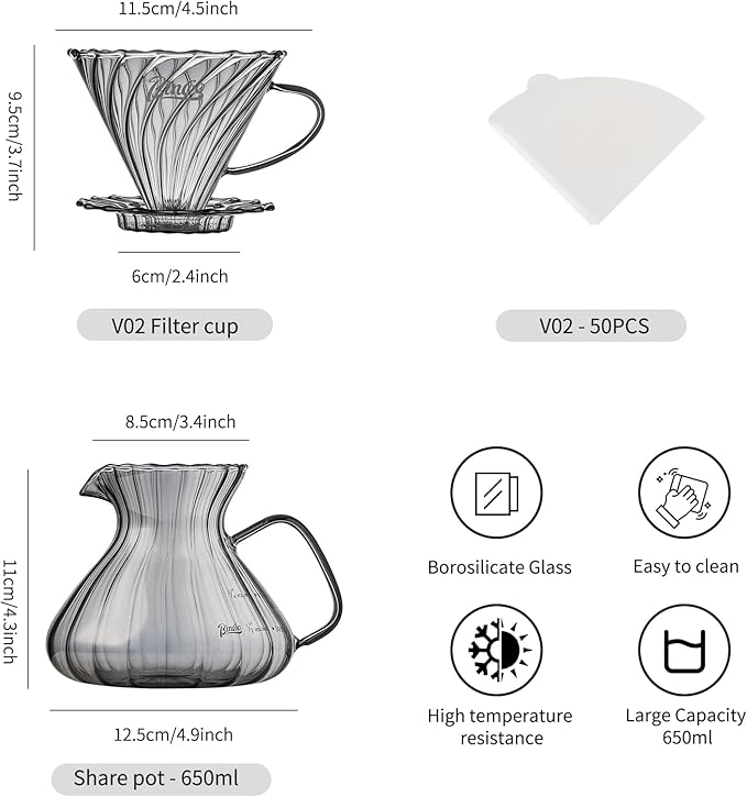 Bincoo Pour Over Coffee Maker Set,650ML Borosilicate Glass Carafe with Coffee Driper&50pcs Paper Filter,Glass Coffee Maker for Home Café Restaurant(Gray)
