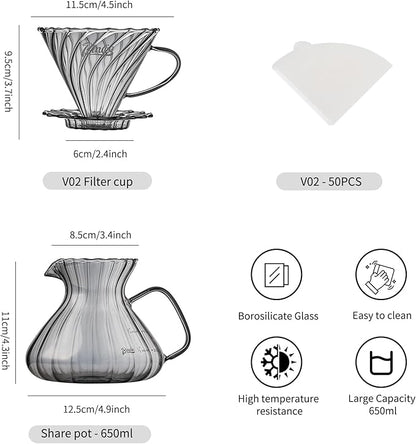Bincoo Pour Over Coffee Maker Set,650ML Borosilicate Glass Carafe with Coffee Driper&50pcs Paper Filter,Glass Coffee Maker for Home Café Restaurant(Gray)