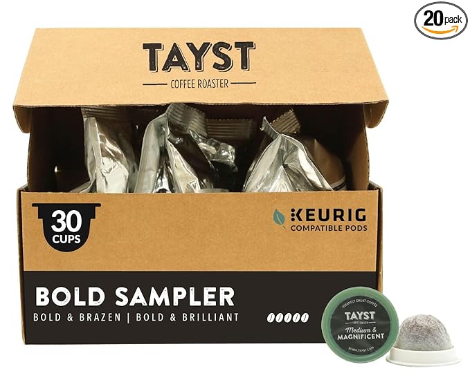 Tayst Coffee Pods, Bold Sampler Box Dark Roast, K Cups Compatible with Keurig Coffee Maker, Sustainable Single Serve, Pack of 30