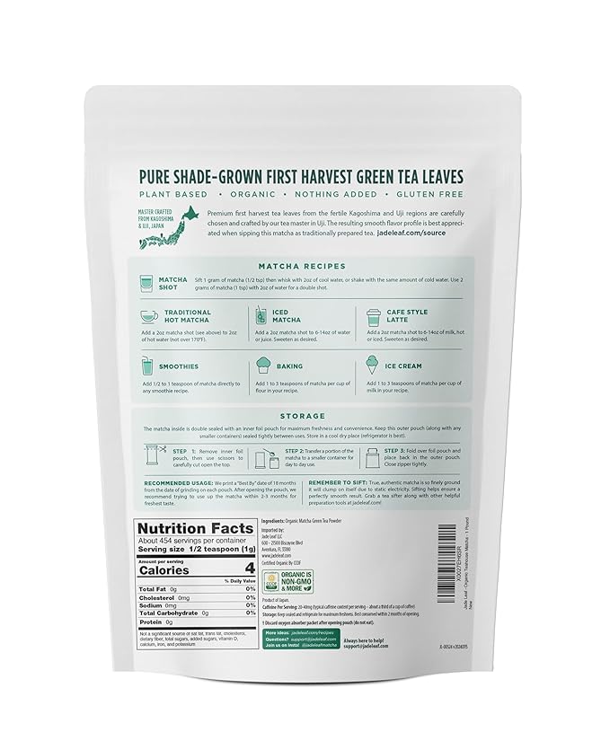 Jade Leaf Matcha Organic Ceremonial Grade Green Tea Powder - Farm Direct First Harvest - Authentic Japanese Origin (1 Pound Bulk Pouch)