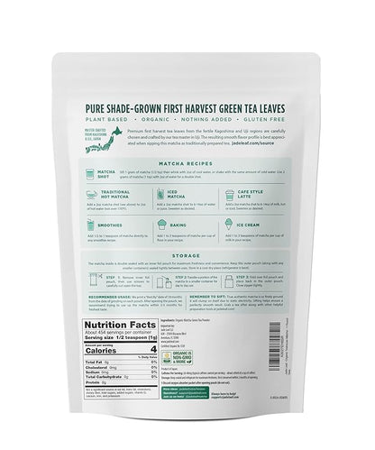 Jade Leaf Matcha Organic Ceremonial Grade Green Tea Powder - Farm Direct First Harvest - Authentic Japanese Origin (1 Pound Bulk Pouch)