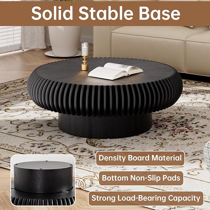 Round Coffee Table 31.4" Modern Black Fluted Coffee Table Low Round Drum Pedestal Coffee Tables for Living Room Farmhouse (Black 31.4in)