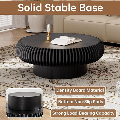 Round Coffee Table 31.4" Modern Black Fluted Coffee Table Low Round Drum Pedestal Coffee Tables for Living Room Farmhouse (Black 31.4in)