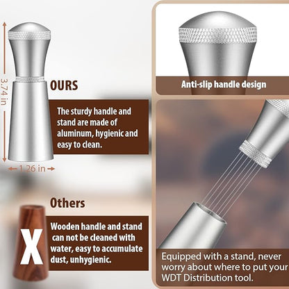 WDT Espresso Distribution Tool Espresso Stirrer Tools for Barista, 0.35mm 7 Needles Espresso Coffee Stirrer with Extra 7 Replaceable Needles, Aluminum Alloy Handle with Stand (Silver)